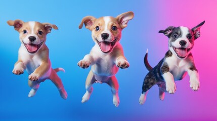 Mixed breed puppies in various playful poses against electric blue to magenta gradient, captured in mid-jump sequence, ears and fur in motion, studio flash photography, advertising campaign quality,