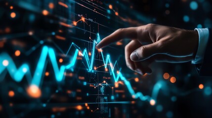 Hand interacting with digital financial data display.