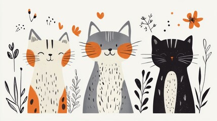 Cheerful cat character set in doodle style, simplified feline forms with expressive faces, clean minimal design, limited color palette with orange gray cream and black tones, gentle rounded shapes,