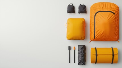 Packing essentials for outdoor adventures home setup product arrangement minimalist style top-down view travel readiness