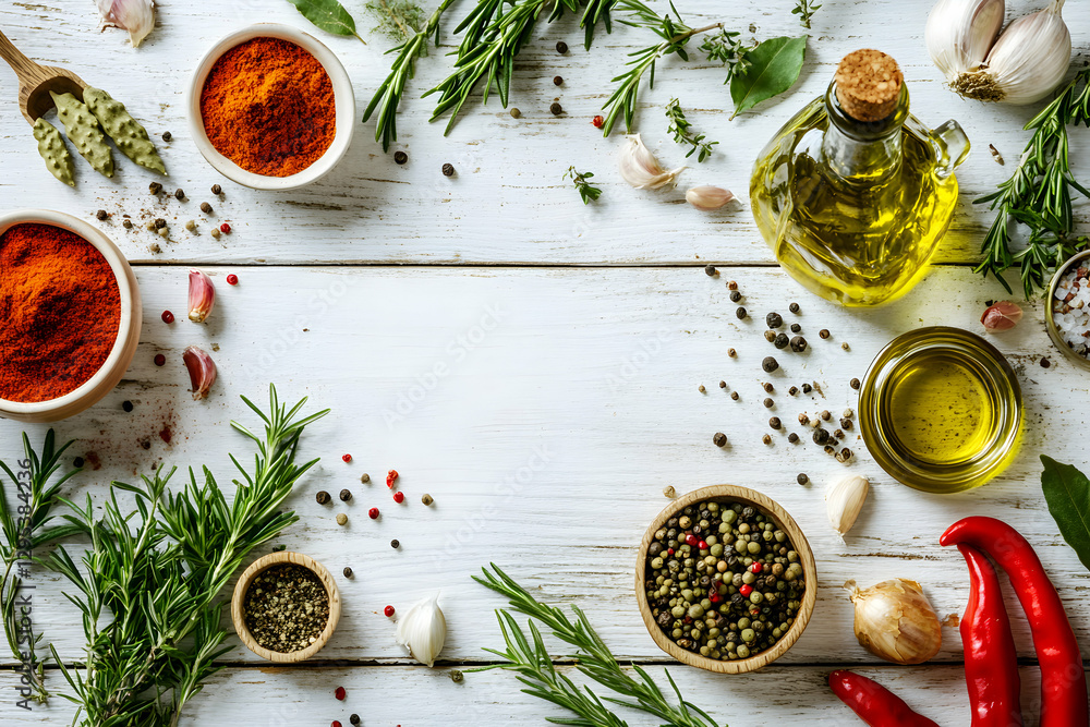 Poster top-down view of culinary ingredients arranged on whitewashed wood surface with space for text, oliv