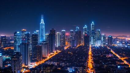 Obraz premium City night skyline with tall buildings lights and dark blue sky
