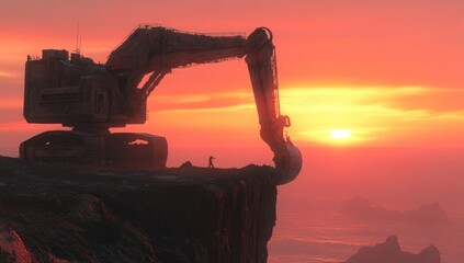 Fototapeta premium Silhouette of massive excavator on cliff edge at sunset, person observing.