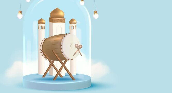 Happy Eid Mubarak. Eid al Fitr 4K Animation Islamic Footage with mosque and bedug (indonesian traditional drum), Islamic Decoration in 3D Style