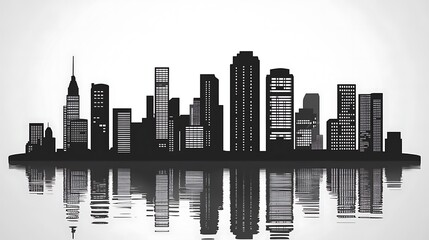 Naklejka premium A monochrome city skyline reflected beautifully on rippling water