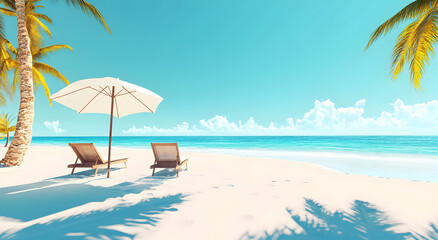 Obraz premium Tropical Bliss, Serene Beach with Palm Trees, Sun Umbrella, and Lounge Chairs for the Perfect Vacation Getaway and Relaxation, Summer Holiday