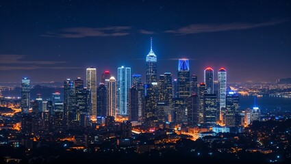 Obraz premium City night skyline view with glowing skyscrapers and lights from above