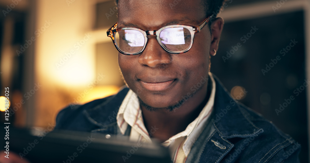 Poster African, businessman and web designer with tablet in closeup for feedback, comment and help with software. Male person or creative employee and face with tech for editing and planning app or art