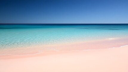 Fototapeta premium Beautiful Pink Sand Beach with Blue Water and Sky Overhead