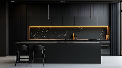 Sleek modern black kitchen featuring a central kitchen island design