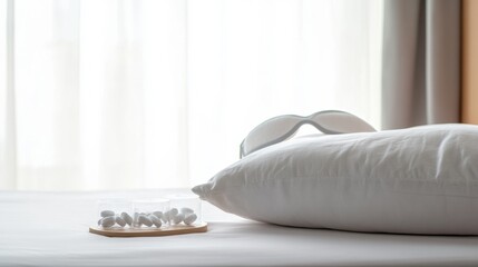 Obesity drug on a bedside table with a sleep mask and pillow. Featuring health and rest