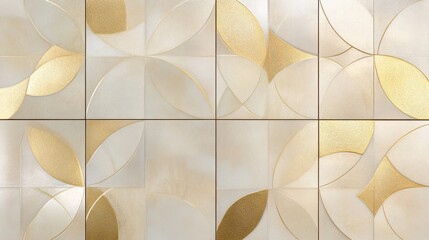 Champagne gold and ivory geometric tile pattern, delicate reflections creating a sophisticated ambiance. 