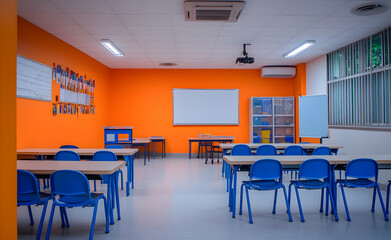 Fototapeta premium Vibrant Classroom Interior with Blue Chairs and Desks, Ideal for Educational Settings and Back-to-School Themes, Emphasizing a Clean and Organized Learning Environment