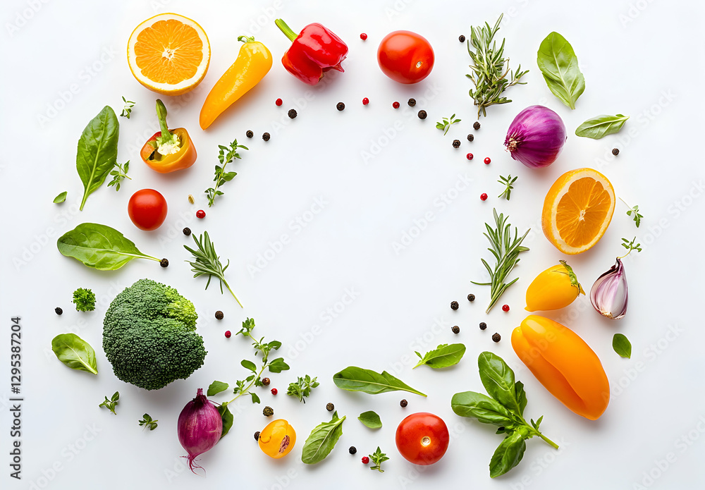 Poster vibrant display of fresh vegetables and fruits arranged in a circular pattern, providing a versatile
