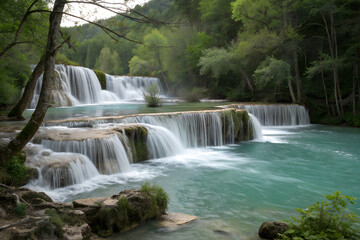 Photographs of cascading waterfalls