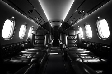 Luxurious airplane cabin interior with dark leather seating and windows