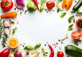 Naklejka premium Vibrant Fresh Vegetables and Herbs Frame a Clean White Space, Perfect for Culinary Creations and Healthy Lifestyle Promotions, Delivering a Natural and Appetizing Look