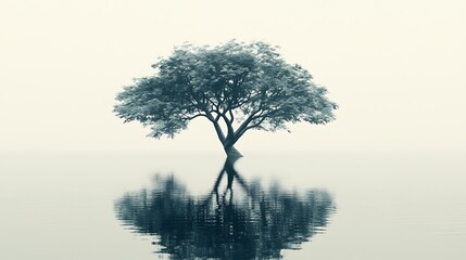 A solitary tree is reflected peacefully on the water surface