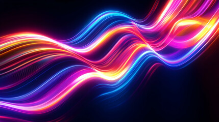 Vibrant Neon Light Streaks on Dark Background, A Dynamic Display of Modern Abstract Art and Luminous Color Gradients with Wavy Motion