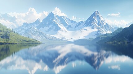 A serene mountain lake with soft reflections of snow-capped peaks under a clear sky. picture