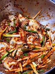 Fresh and crunchy geotjeori kimchi with a light seasoning, offering a mildly spicy and tangy flavor. A perfect side dish for a refreshing and flavorful Korean meal.

