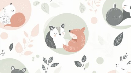 Delicate line art illustration of sleeping forest animals arranged in circular pattern, scandinavian color palette of sage green, dusty pink and warm grey, gentle curves and simple shapes, floating
