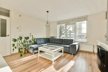 A contemporary living room featuring a comfortable gray sofa, a coffee table, and lush green plants. Natural light streams through large windows, enhancing the cozy ambiance.