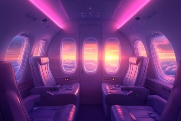 The interior of an airplane with beautiful sunset views