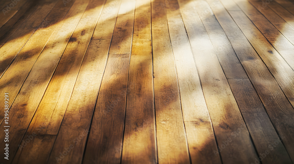 Poster warm sunlight filtering through window onto rustic wooden floor, creating a natural and inviting atm