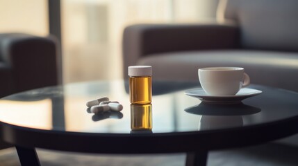 Obesity drug on a coffee table in a living room. Featuring relaxation and healthy living