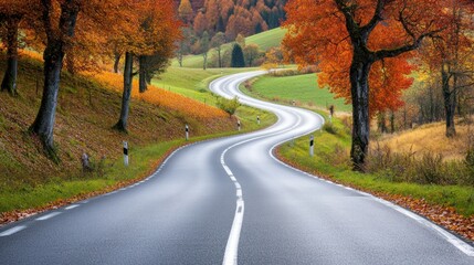 A winding road stretches through a beautiful autumnal landscape