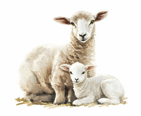 Fototapeta premium Watercolor Illustration of a Sheep and Lamb, A Symbol of Spring, Innocence, and Pastoral Harmony, Evoking a Sense of Peace and Connection to Nature's Gentle Beauty