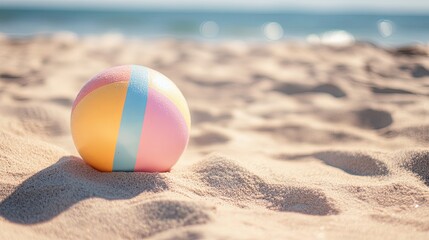 Obraz premium A single pastel-colored beach ball lying on soft sand. picture