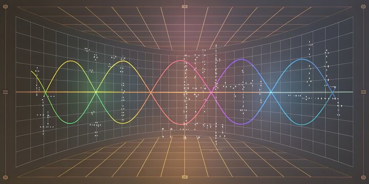 Mathematics and Statistics Concept. Vibrant Waveforms Dance Across a Grid: A Symphony of Color and Mathematics.  Explore the elegant patterns.