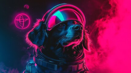 Modern portrait of space exploring dog with reflective helmet visor, vibrant pink and electric blue duotone background, flowing line art celestial symbols, retro-futuristic aesthetic, digital art