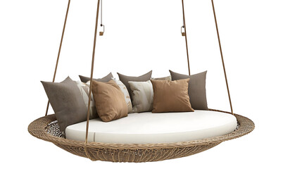 A hanging bed with a white pillow and brown pillow