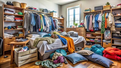 Messy Bedroom Interior with Clothes Disorganized Across the Room