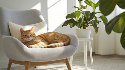 Cozy sunlit interior featuring orange tabby cat lounging on retro-style grey upholstered chair, cream corduroy pillow, small green plant in white stand, soft carpet, clean white walls, lifestyle pet