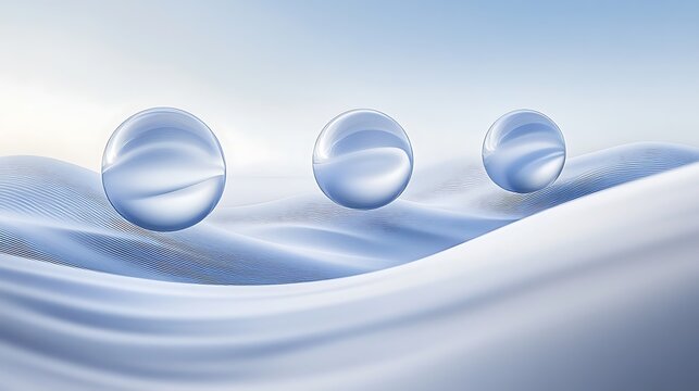 Three Spherical Glass Orbs Floating Over Silky Wavy Lines
