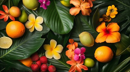 A bright composition of tropical fruits and flowers arranged in a playful pattern. picture