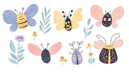 Adorable garden creature compilation featuring happy bugs with simple shapes, decorative wing patterns, soft pastel colors, child-friendly design elements, rounded edges, minimalist line work, sweet