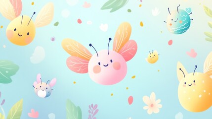 Delightful bug collection with kawaii-inspired faces, soft round bodies, decorative antennae and wings, gentle gradient colors, simple geometric patterns, child-safe design elements, educational art