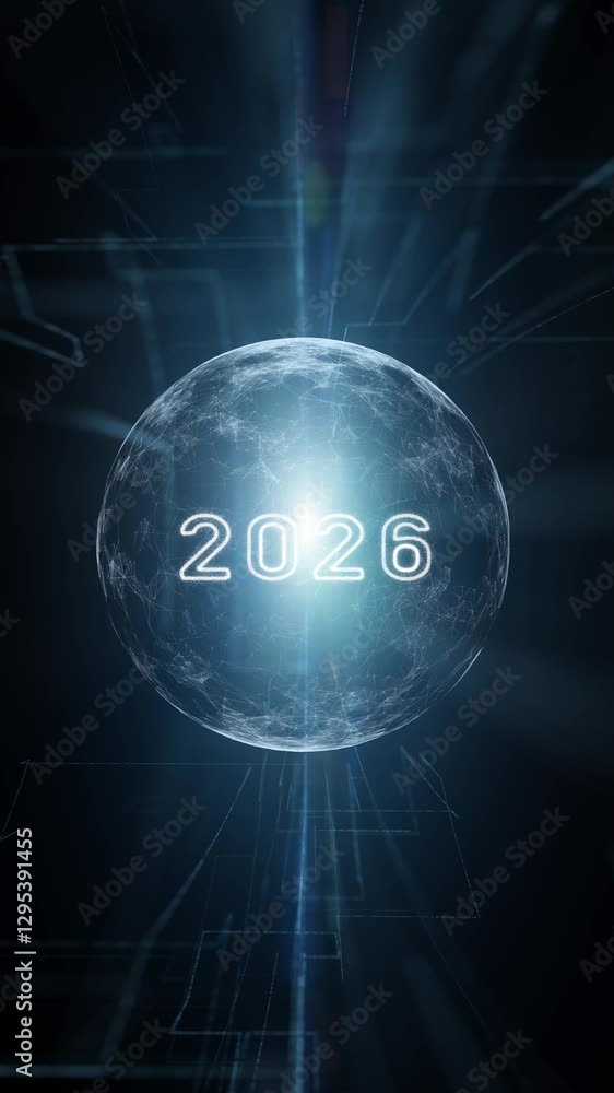 Poster looped digital tech sphere with year 2026 animation vertical background.