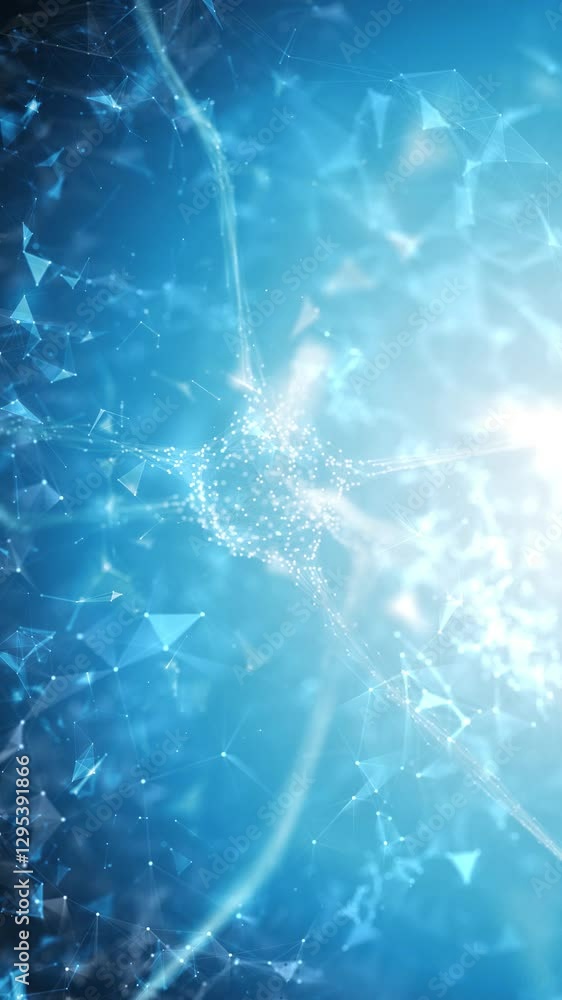 Poster loop neuron cell rotation on glowing blue science animation vertical background.
