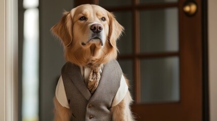 Dapper dog: Golden retriever in a vest and tie waits by the door 