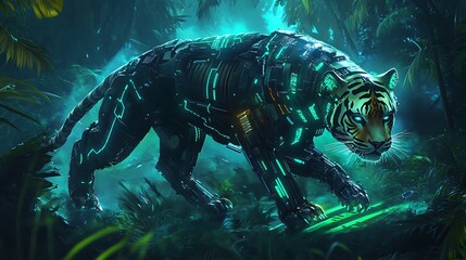 Cybernetic Tiger in Enigmatic Jungle