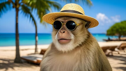 Portrait of Monkey in sunglasses at the resort