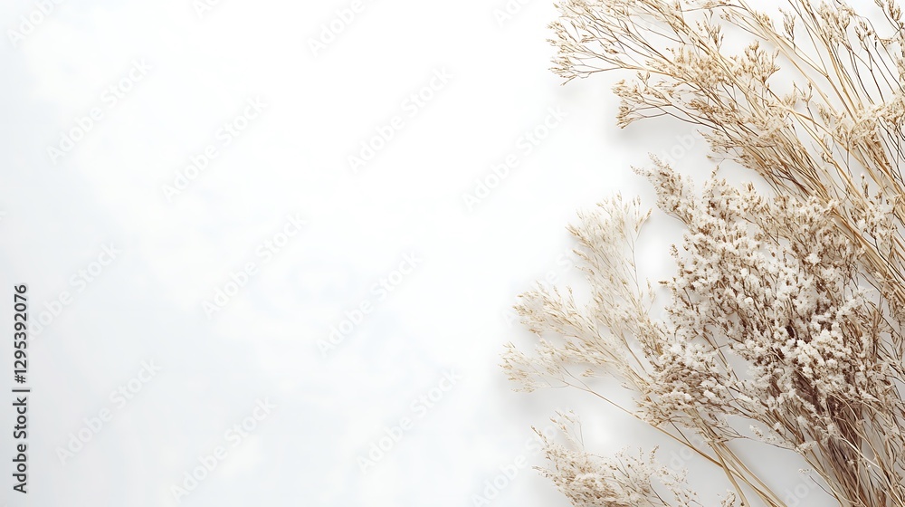 Poster dried flowers arranged on a white background creating a minimalist display
