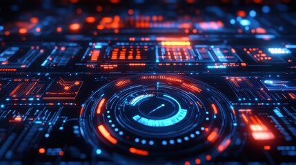 Fototapeta premium Abstract digital interface with glowing lines and circular elements in blue and orange. Ideal for tech, AI, or futuristic concepts, represents advanced technology and data processing.