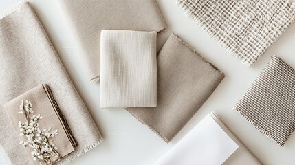 A flat lay of neutral-colored fabric swatches arranged aesthetically on a light table. picture